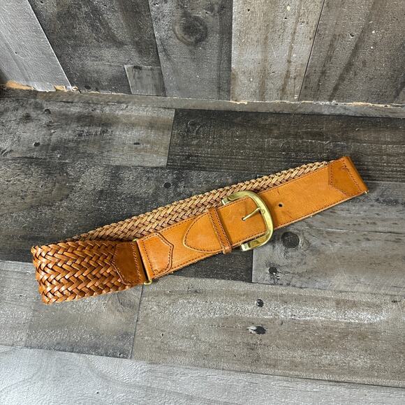 Liz Claiborne Accessories - Vintage Liz Claiborne Brown Braided Leather Belt Womens Sz Medium‎ Woven Brass